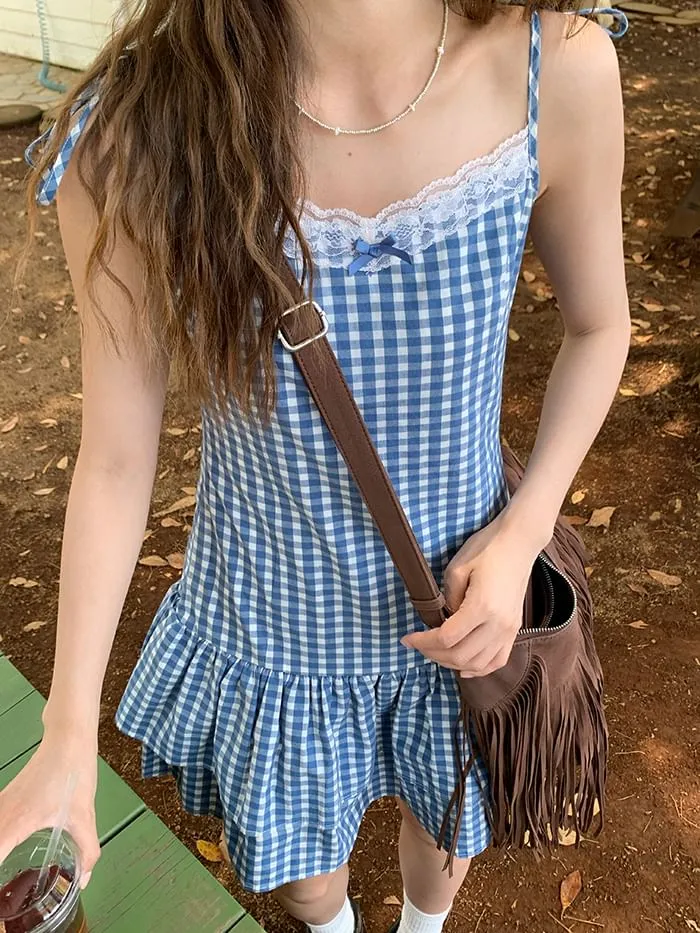 A-Line V-Neck Gingham Mini Spaghetti Strap Layered Dress Trim Lace
