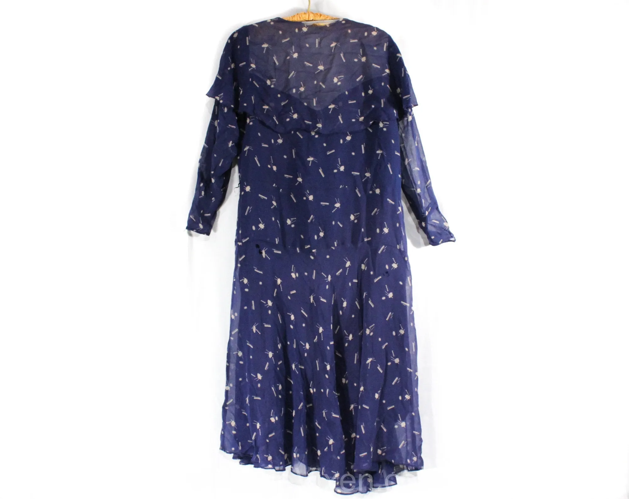 As Is Size 12 1920s 30s Novelty Print Dress - Blue & White Deco Artists Palettes - Chain Stitched Flowers - Fragile Torn - Bust 38 - 50832