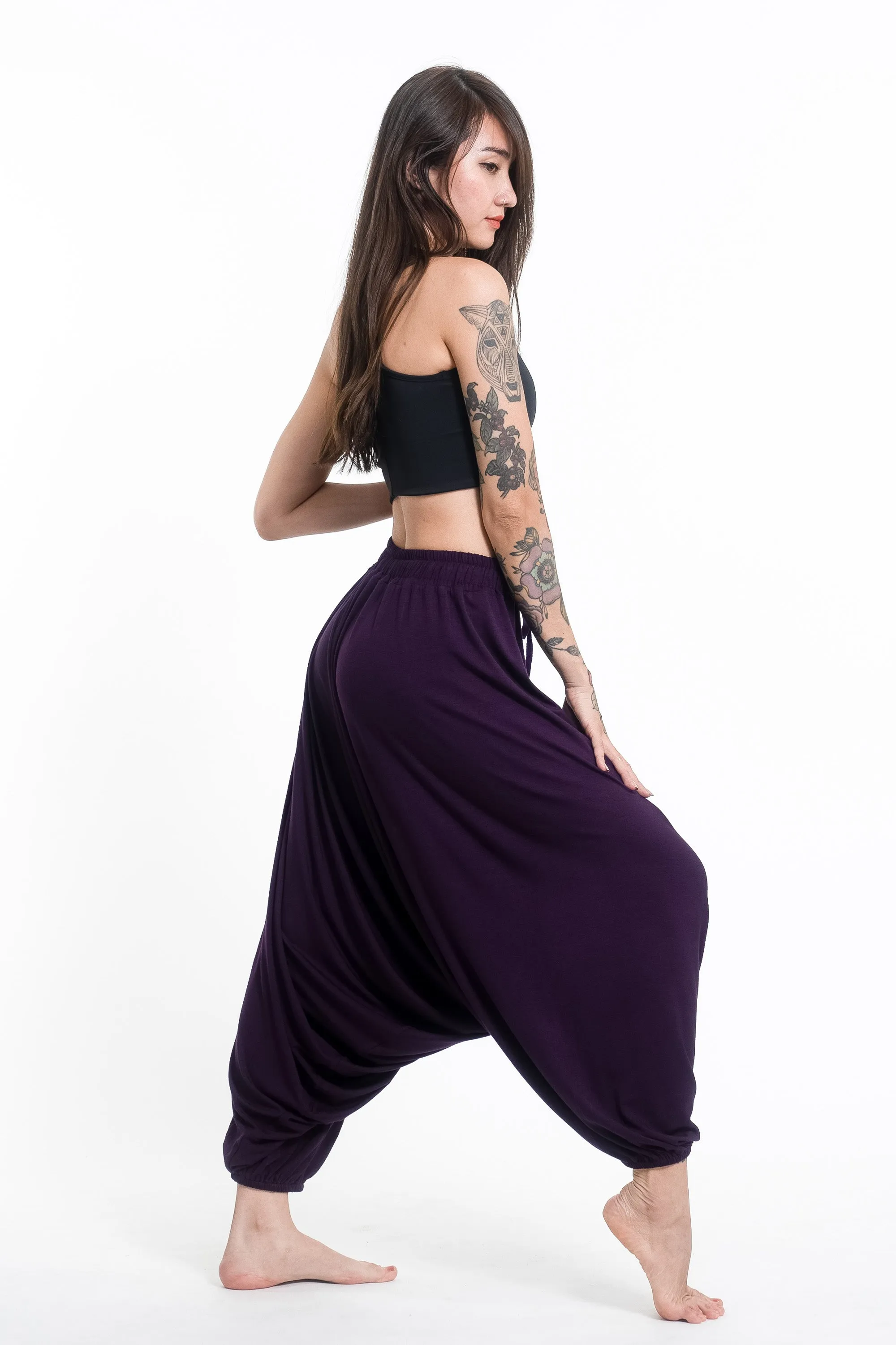 Birds Print Drawstring Low Cut Harem Pants Cotton Spandex in Purple