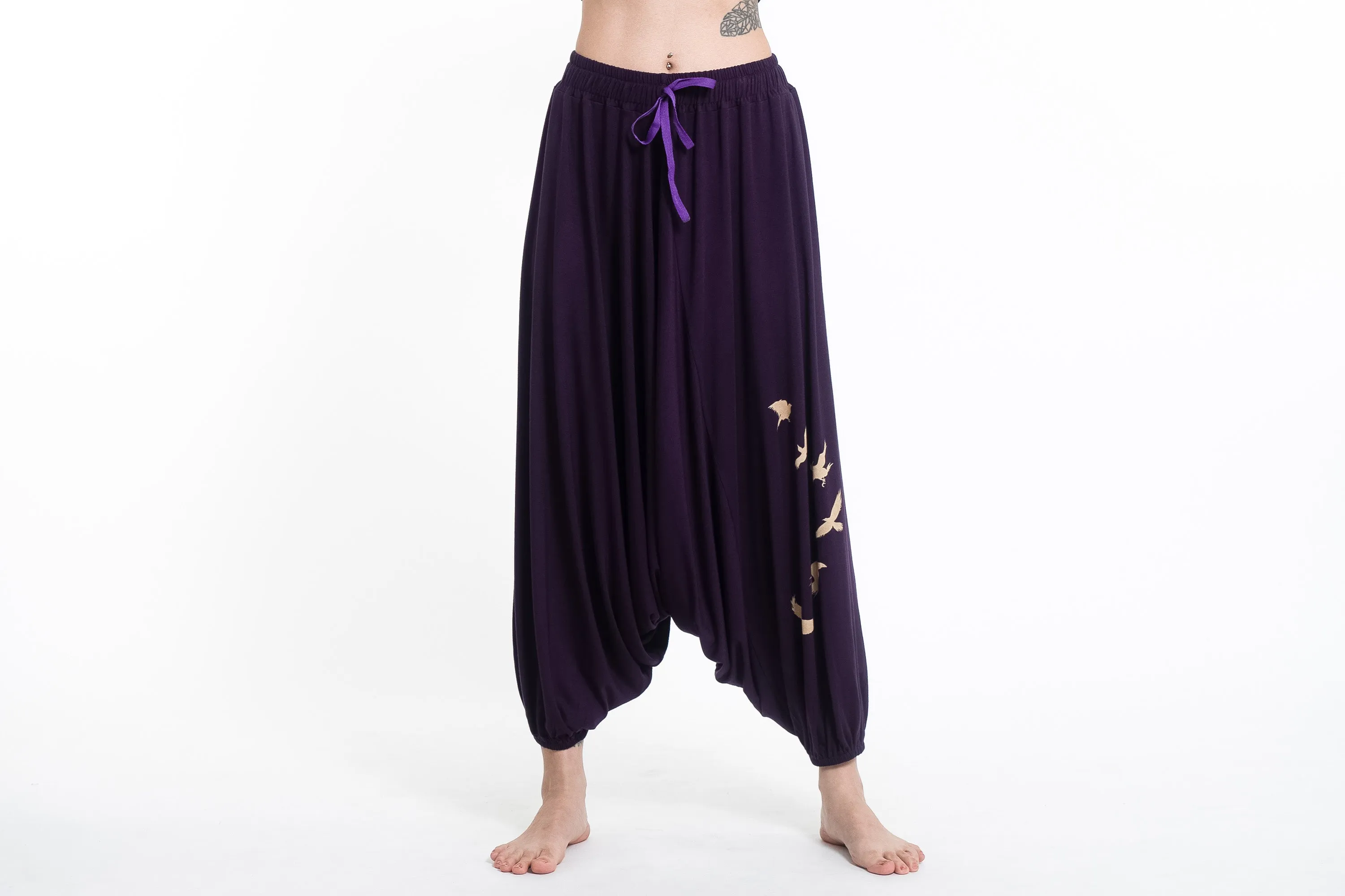 Birds Print Drawstring Low Cut Harem Pants Cotton Spandex in Purple
