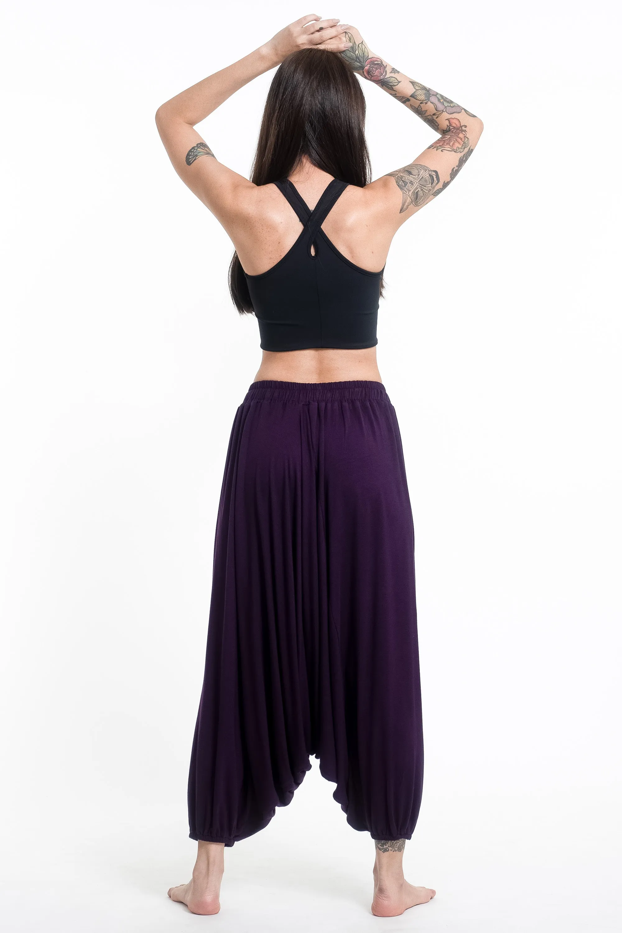 Birds Print Drawstring Low Cut Harem Pants Cotton Spandex in Purple