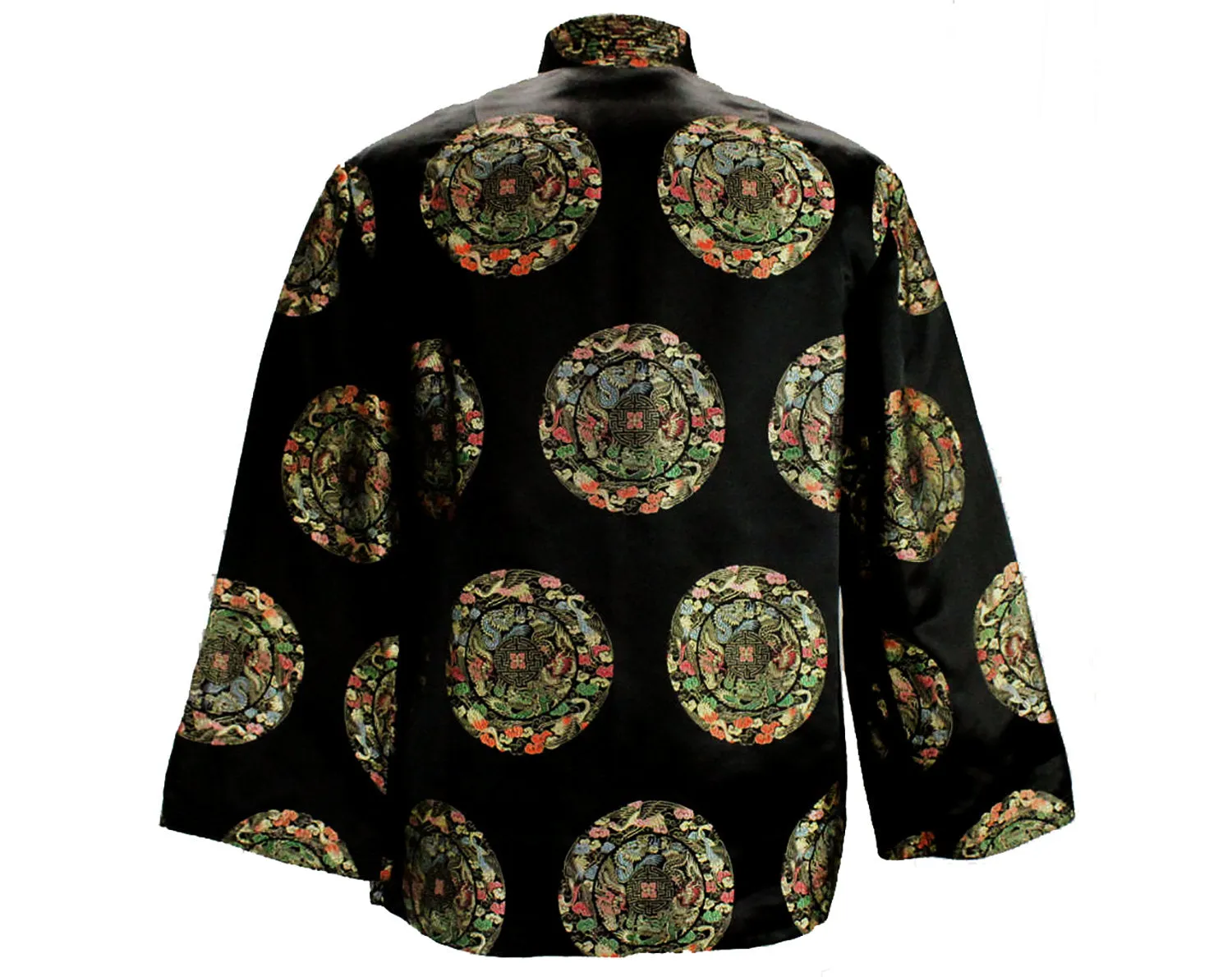 Black Dragons Asian Evening Jacket - Size Medium Large 1940s 50s Eastern Satin Brocade Formal Coat - Crane & Cloud Medallion - Bust 40