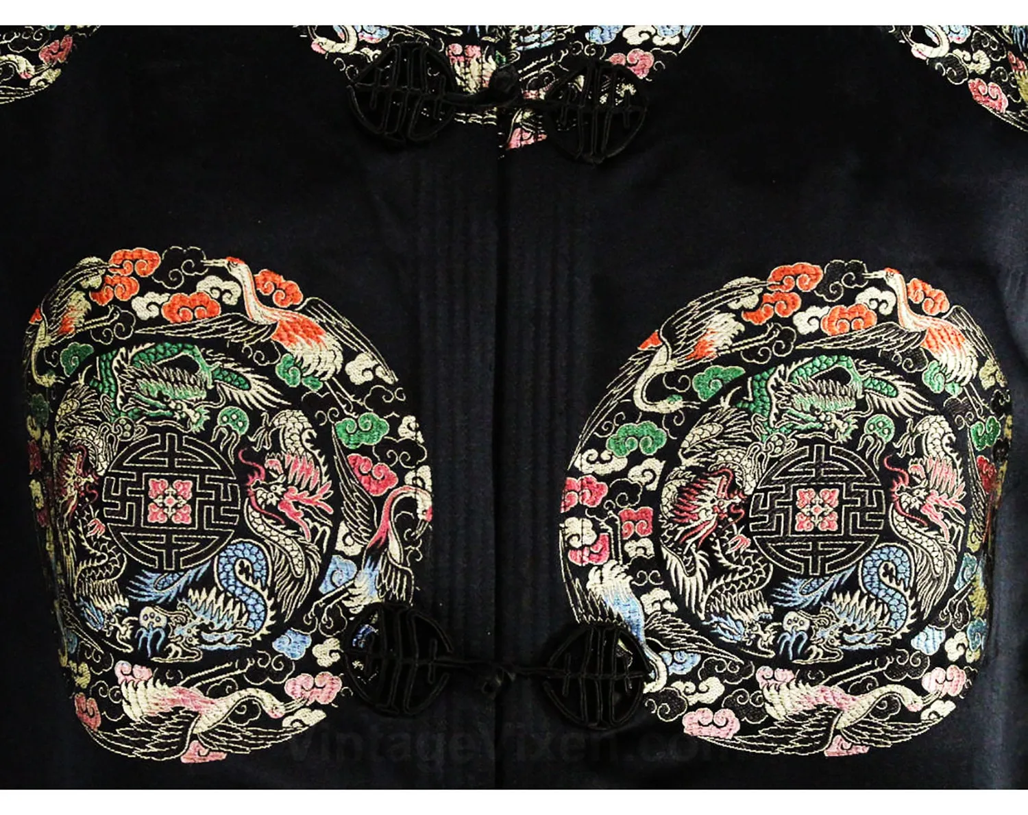 Black Dragons Asian Evening Jacket - Size Medium Large 1940s 50s Eastern Satin Brocade Formal Coat - Crane & Cloud Medallion - Bust 40