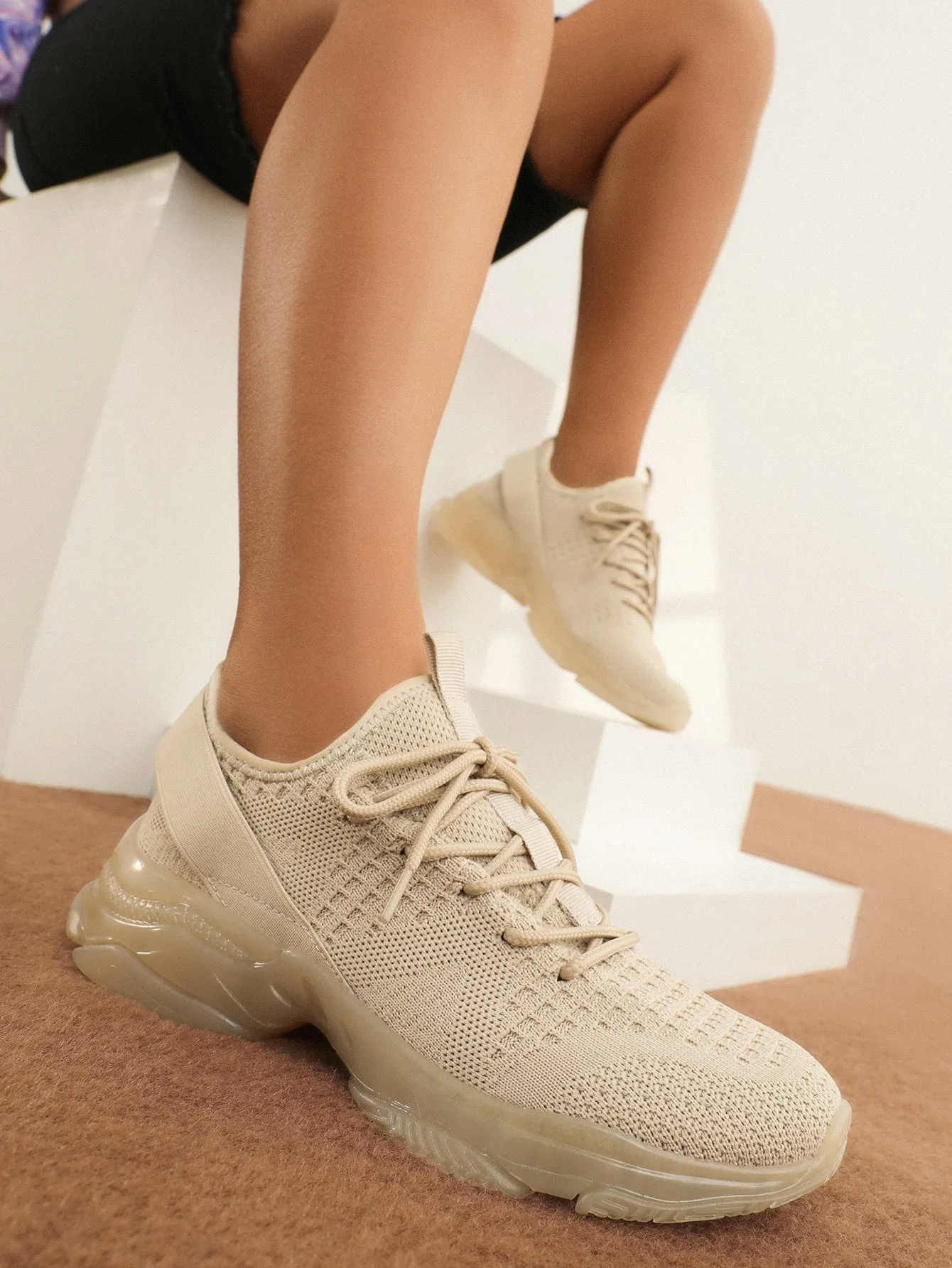CUCCOO BASICS Women's Shoes Lightweight Knit Detail Comfortable Beige Lace-Up Front Running Shoes Vacation Shoes Summer Sale