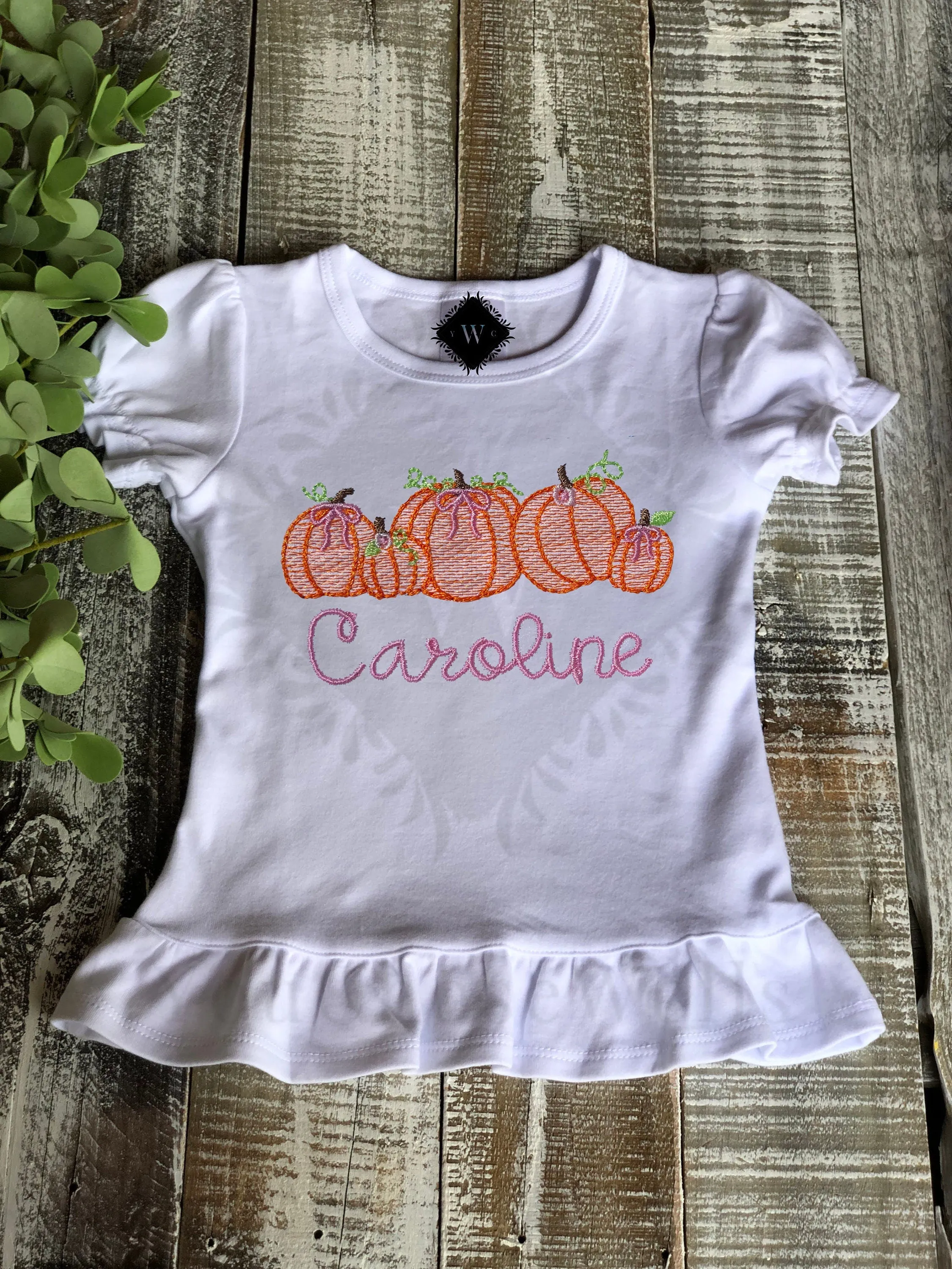 Custom Embroidered, Monogrammed, Personalized Pumpkin Row Sketch Ruffle Shirt and Orange Gingham Pant Set