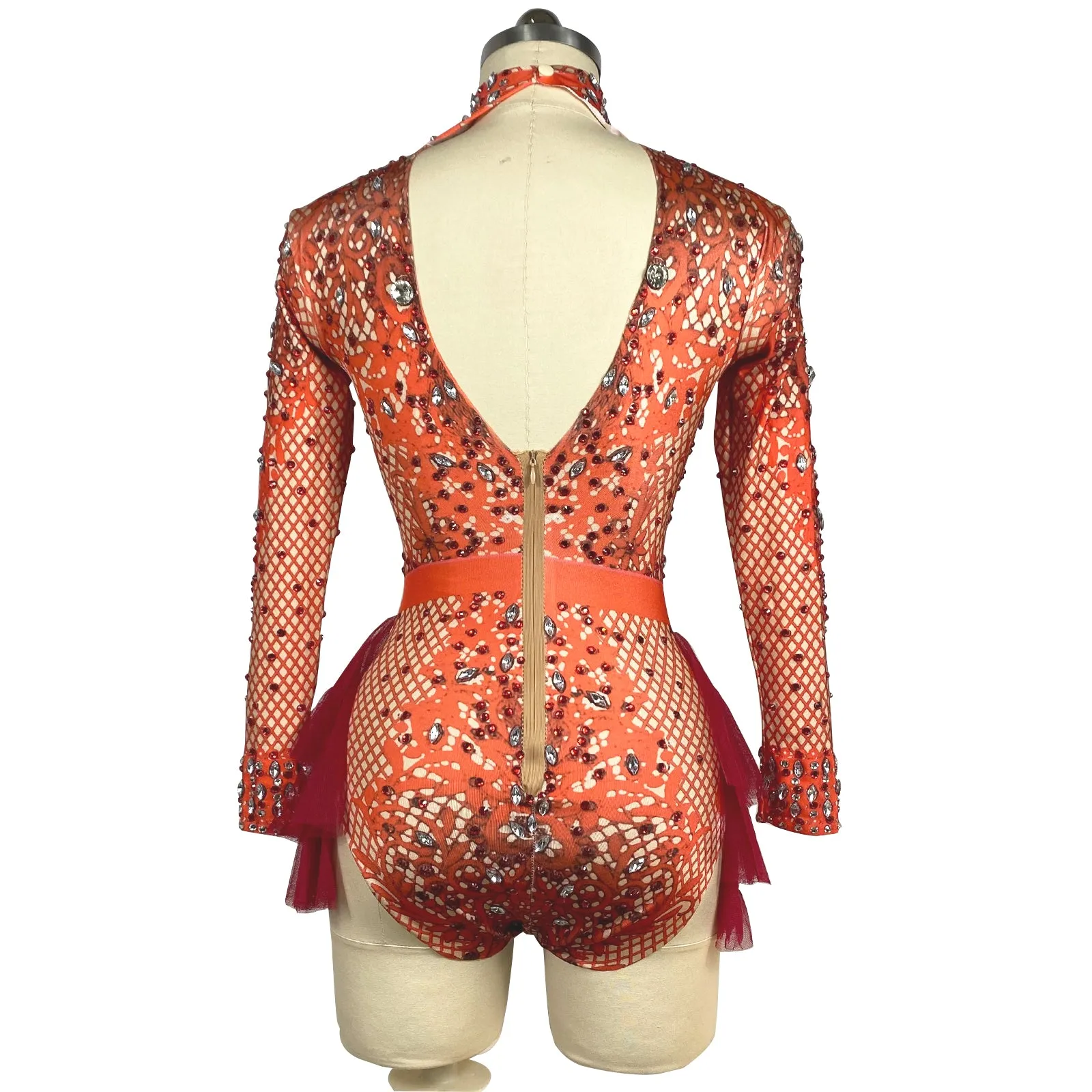Custom Stage Singer Show Dance Rhinestone Red Bodysuit