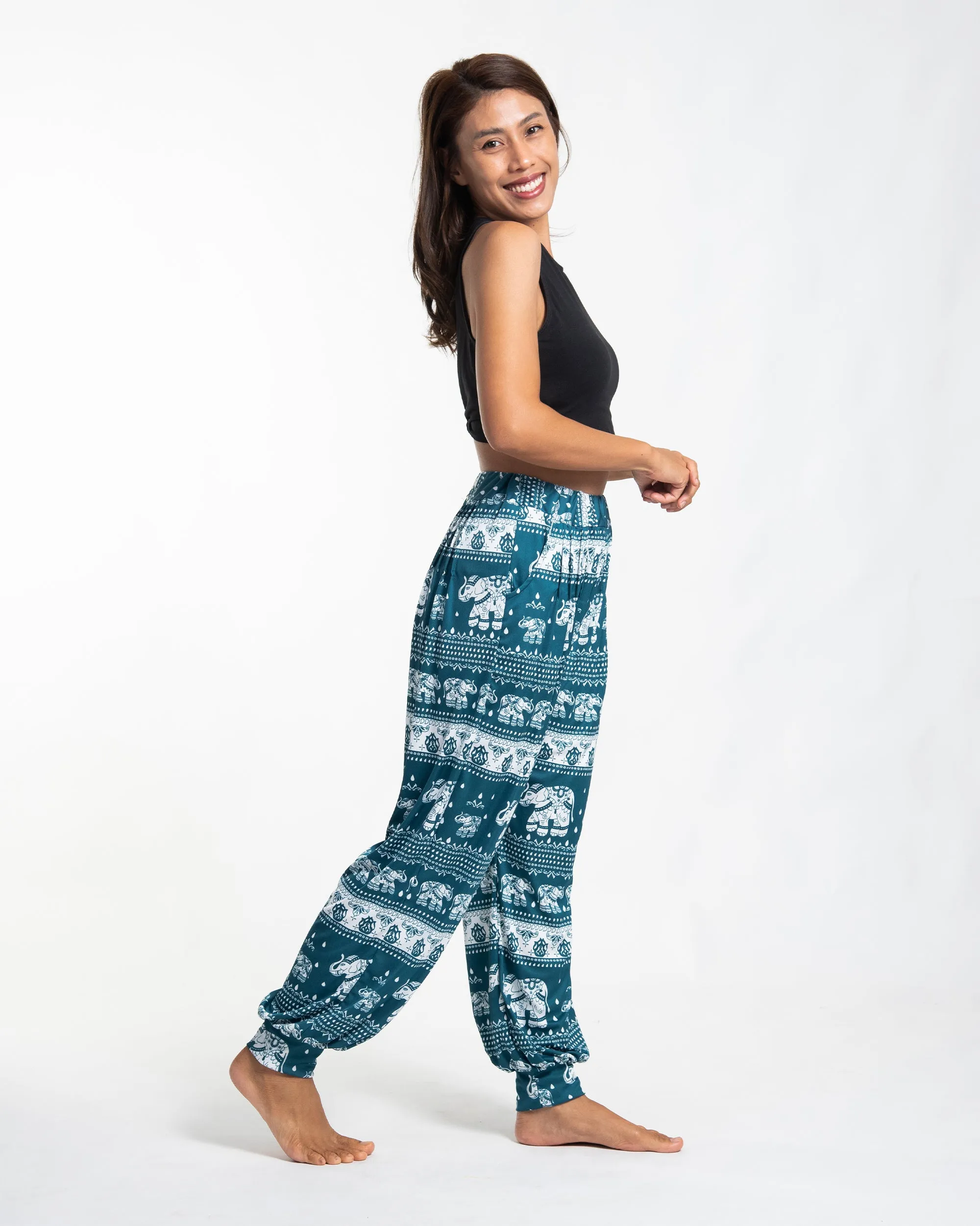 Eco-Friendly Elephant Print Women Harem Pants in Teal