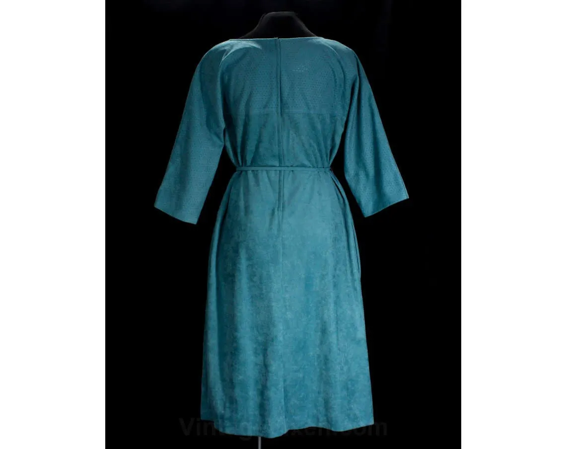 FINAL SALE Size 12 Blue Dress - 1980s Faux Suede - Soft Turquoise Velour - Sporty Dot Pattern - 80s with Original Belt - NWT Deadstock