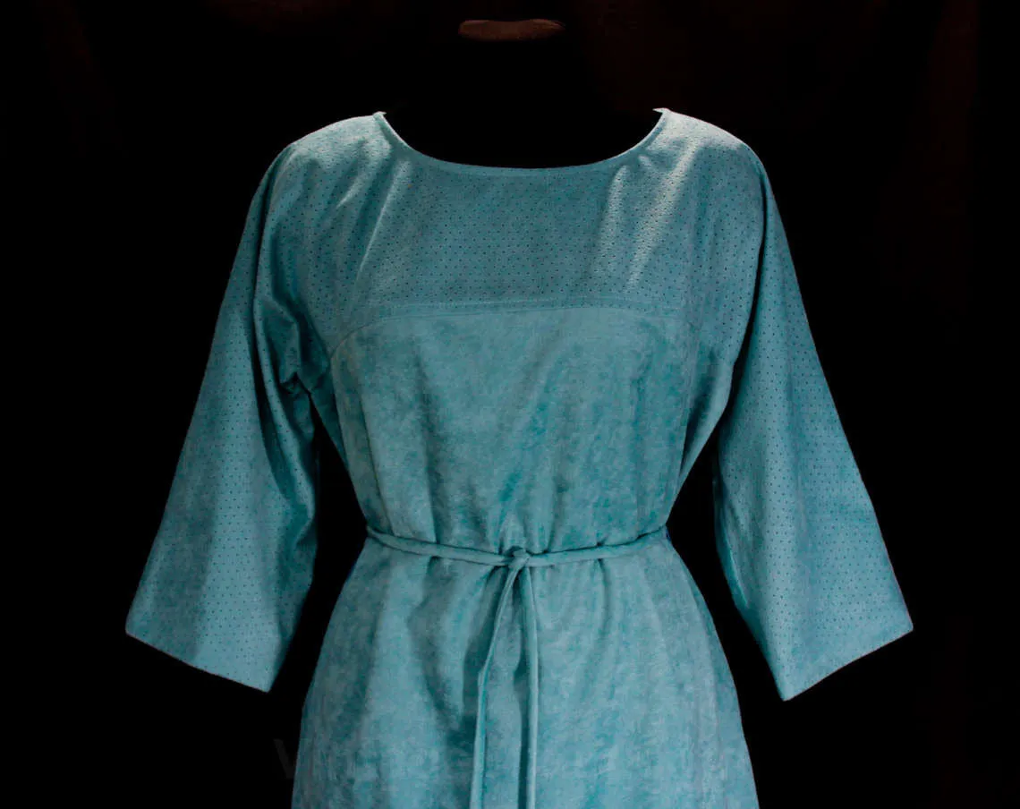 FINAL SALE Size 12 Blue Dress - 1980s Faux Suede - Soft Turquoise Velour - Sporty Dot Pattern - 80s with Original Belt - NWT Deadstock