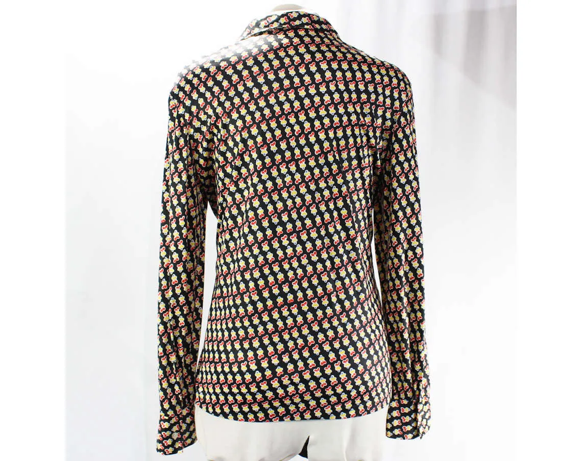 FINAL SALE Size 14 Shirt - Little Running People 70s Blouse - Large Long Sleeved Casual 1970s Top - Abstract Novelty Print - Bust 42