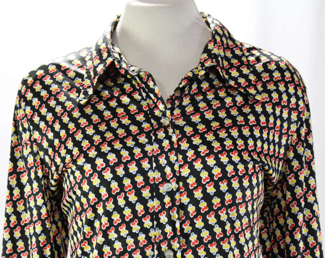 FINAL SALE Size 14 Shirt - Little Running People 70s Blouse - Large Long Sleeved Casual 1970s Top - Abstract Novelty Print - Bust 42