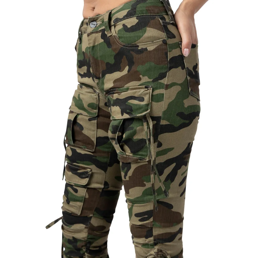 High Rise Strap Bootcut Twill Pants - Wood Camo