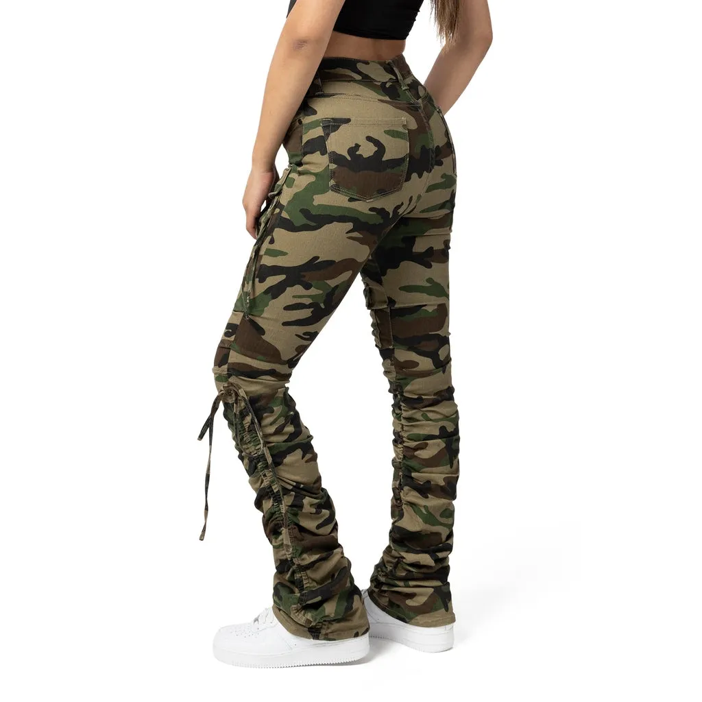 High Rise Strap Bootcut Twill Pants - Wood Camo