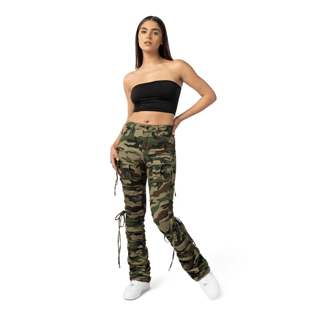 High Rise Strap Bootcut Twill Pants - Wood Camo