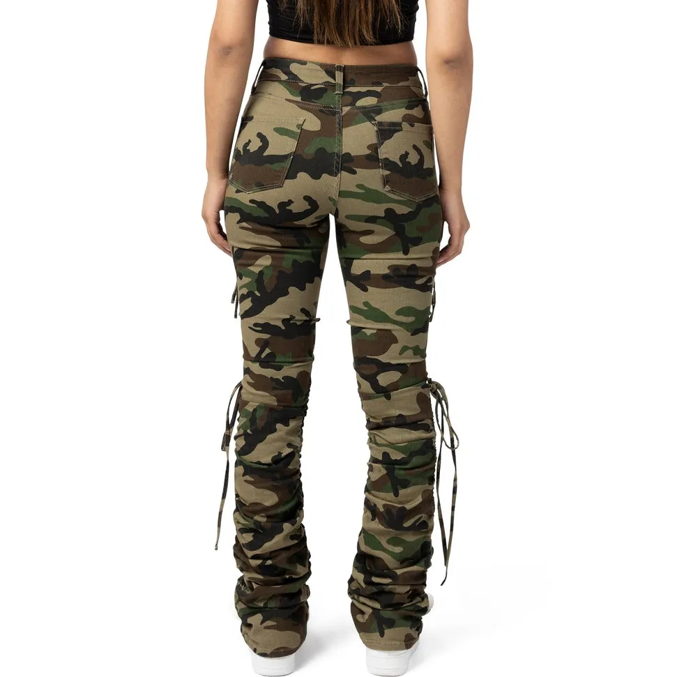 High Rise Strap Bootcut Twill Pants - Wood Camo