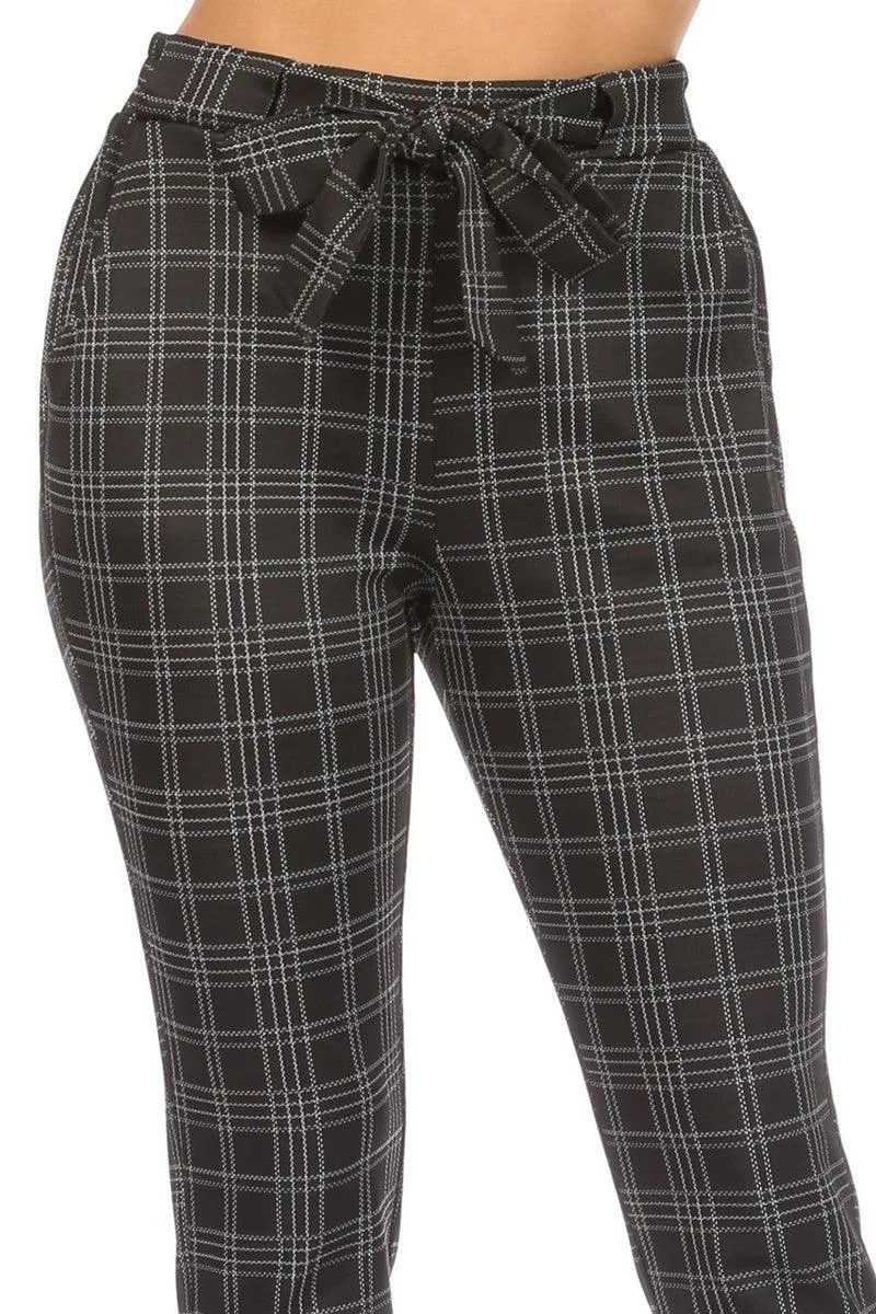 High Waist Slim Fit Pants With Waist Tie & Pockets - Black & White Plaid