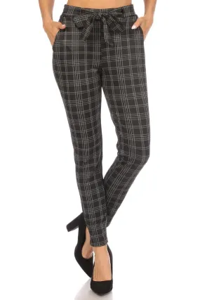 High Waist Slim Fit Pants With Waist Tie & Pockets - Black & White Plaid
