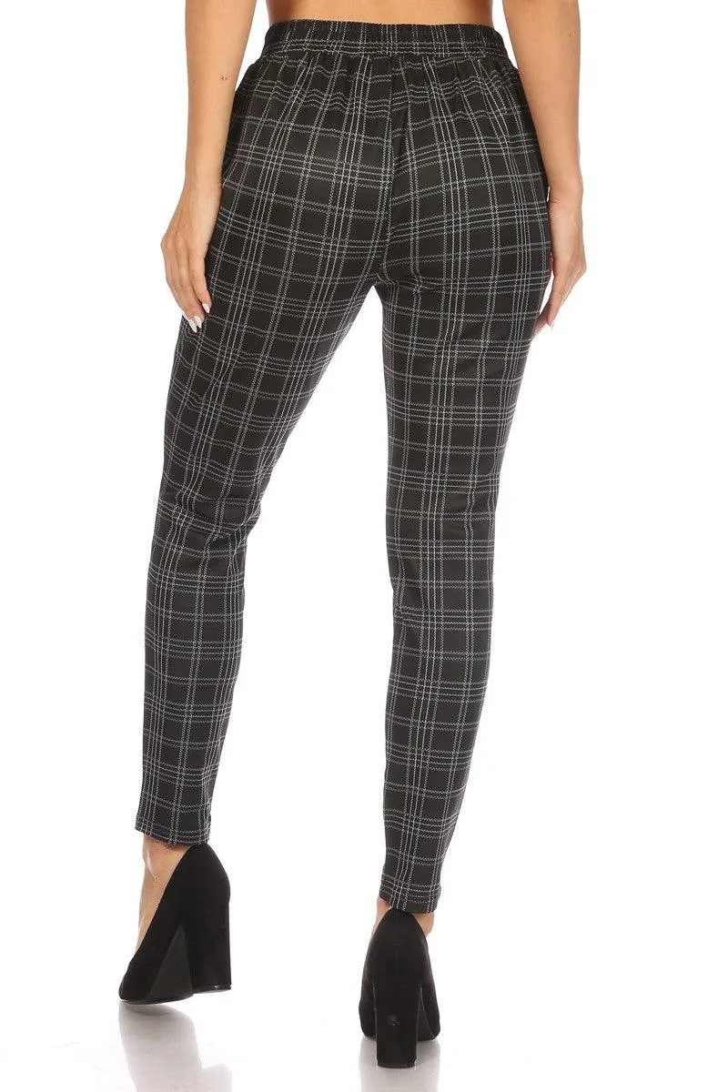 High Waist Slim Fit Pants With Waist Tie & Pockets - Black & White Plaid