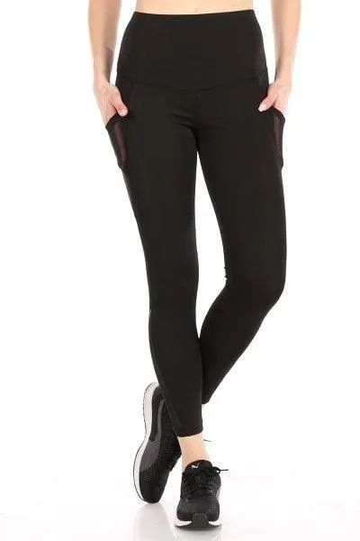 High Waist Tummy Control Sports Leggings With Side Mesh Pockets & Reflective Leg Detail - Black