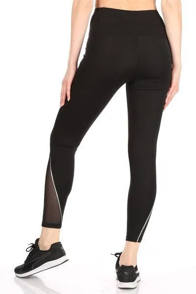 High Waist Tummy Control Sports Leggings With Side Mesh Pockets & Reflective Leg Detail - Black