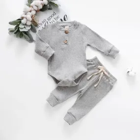 Infant Newborn Baby Girl Boy Spring Autumn Ribbed/Plaid Solid Clothes Sets Long Sleeve Bodysuits   Elastic Pants 2PCs Outfits X3921663
