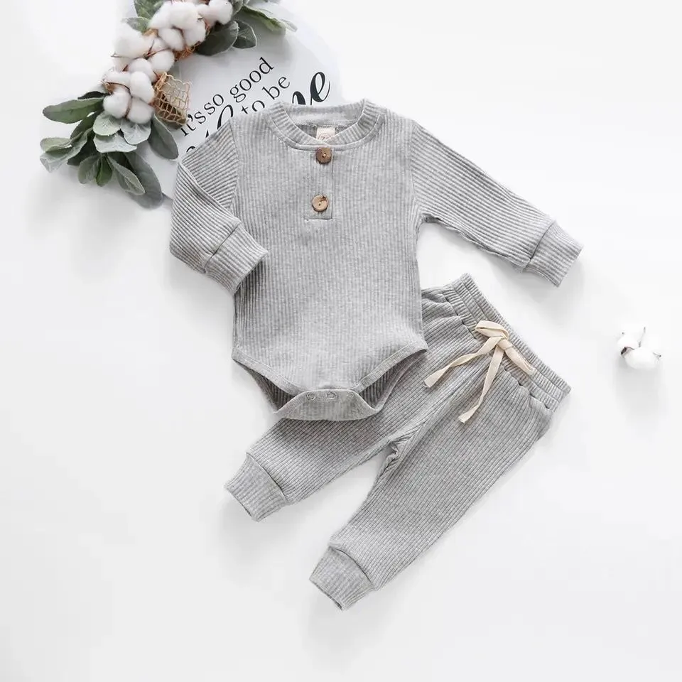 Infant Newborn Baby Girl Boy Spring Autumn Ribbed/Plaid Solid Clothes Sets Long Sleeve Bodysuits   Elastic Pants 2PCs Outfits X3921663