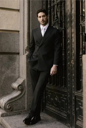 Italian Black Double Breasted /Wool -Spandex/ Two Piece Suit/ Weft Stretch / Wrinkle Resistant