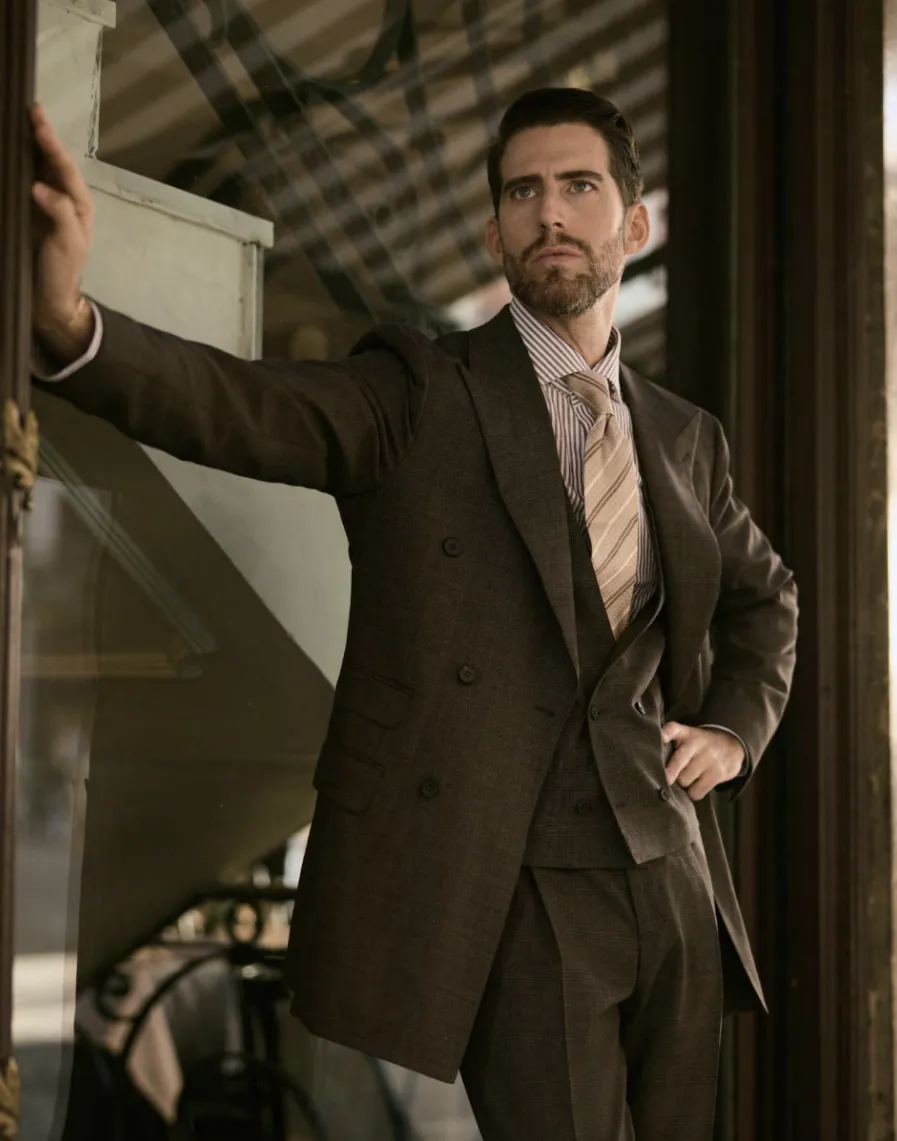 Italian Brown POW /Wool -Spandex/ Two Piece Suit/ Weft Stretch / Wrinkle Resistant