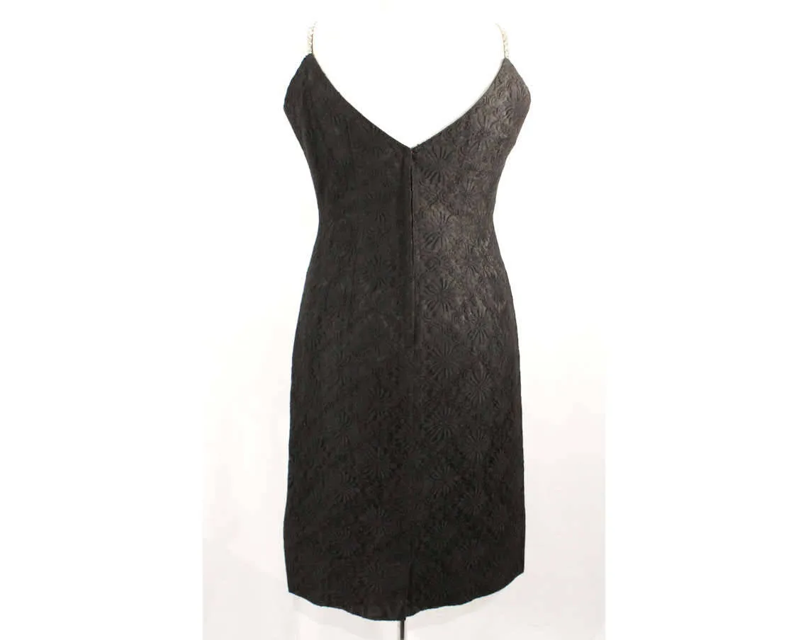 Large 1950s Black Cocktail Dress - Size 12 Fitted Lace Hourglass by Lilli Diamond - Rhinestone Straps - 50s Designer Glamour Girl - Waist 31