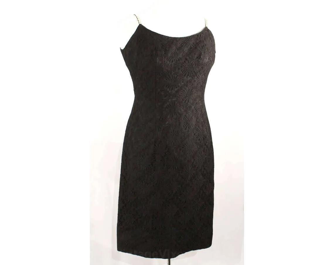 Large 1950s Black Cocktail Dress - Size 12 Fitted Lace Hourglass by Lilli Diamond - Rhinestone Straps - 50s Designer Glamour Girl - Waist 31