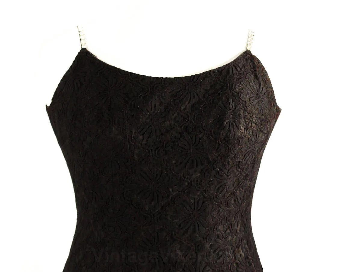 Large 1950s Black Cocktail Dress - Size 12 Fitted Lace Hourglass by Lilli Diamond - Rhinestone Straps - 50s Designer Glamour Girl - Waist 31