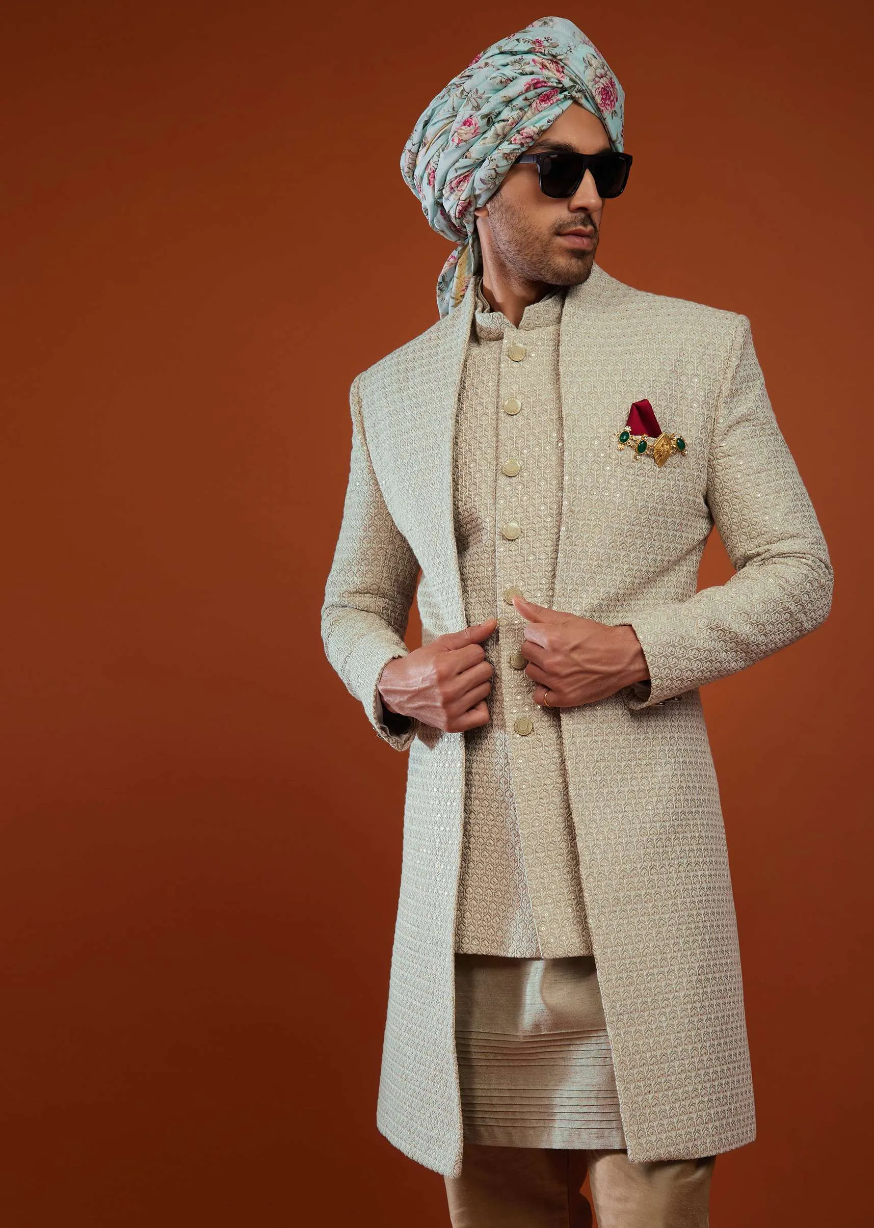 Moss Green Festive Sherwani With Embroidery