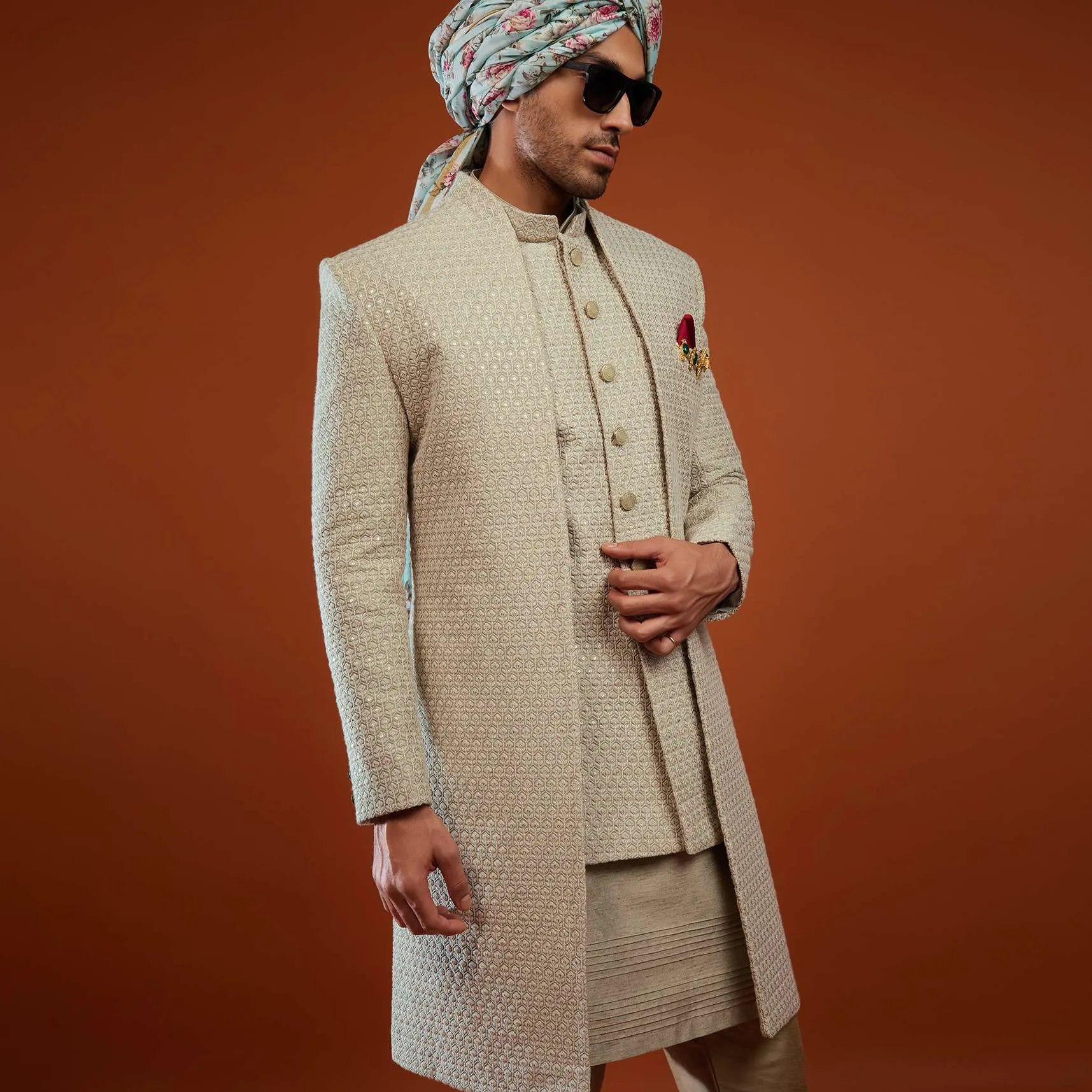 Moss Green Festive Sherwani With Embroidery