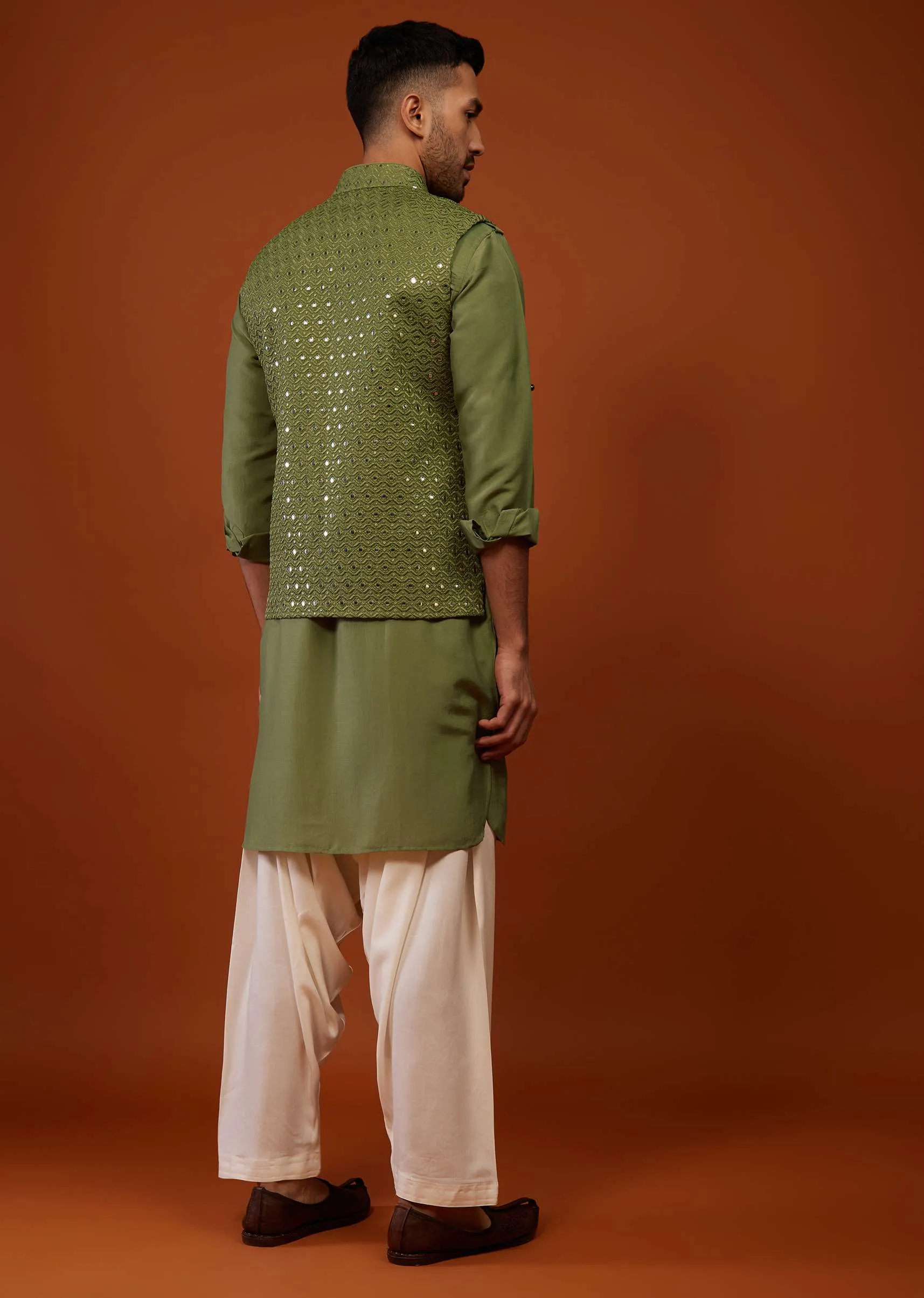 Olive Green Embroidered Bandi Jacket Set In Cotton Silk