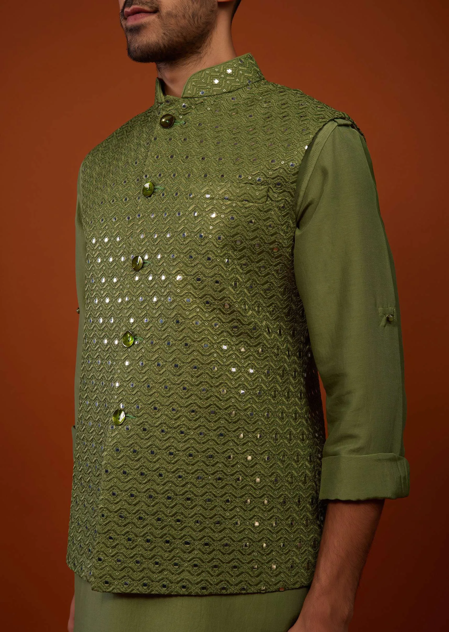 Olive Green Embroidered Bandi Jacket Set In Cotton Silk