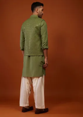 Olive Green Embroidered Bandi Jacket Set In Cotton Silk