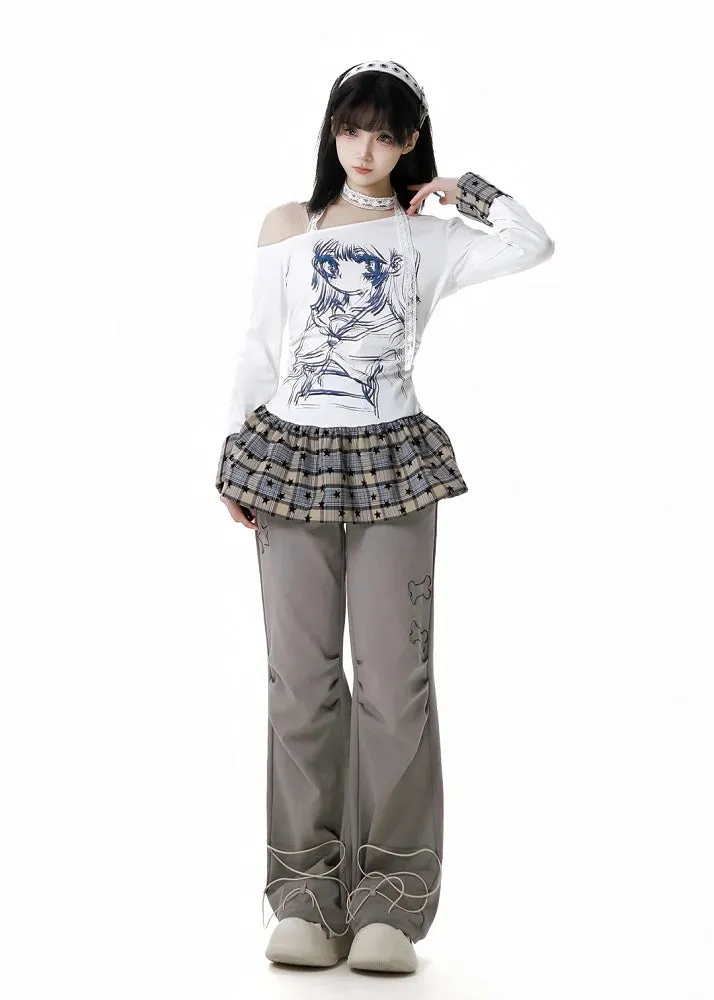 Pants Straight-leg Black/Gray Bittersweet Bone and Star Embroidery Cuffs Drawstring
