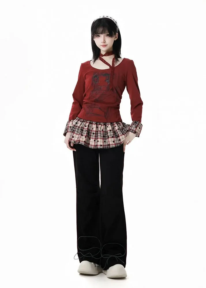 Pants Straight-leg Black/Gray Bittersweet Bone and Star Embroidery Cuffs Drawstring