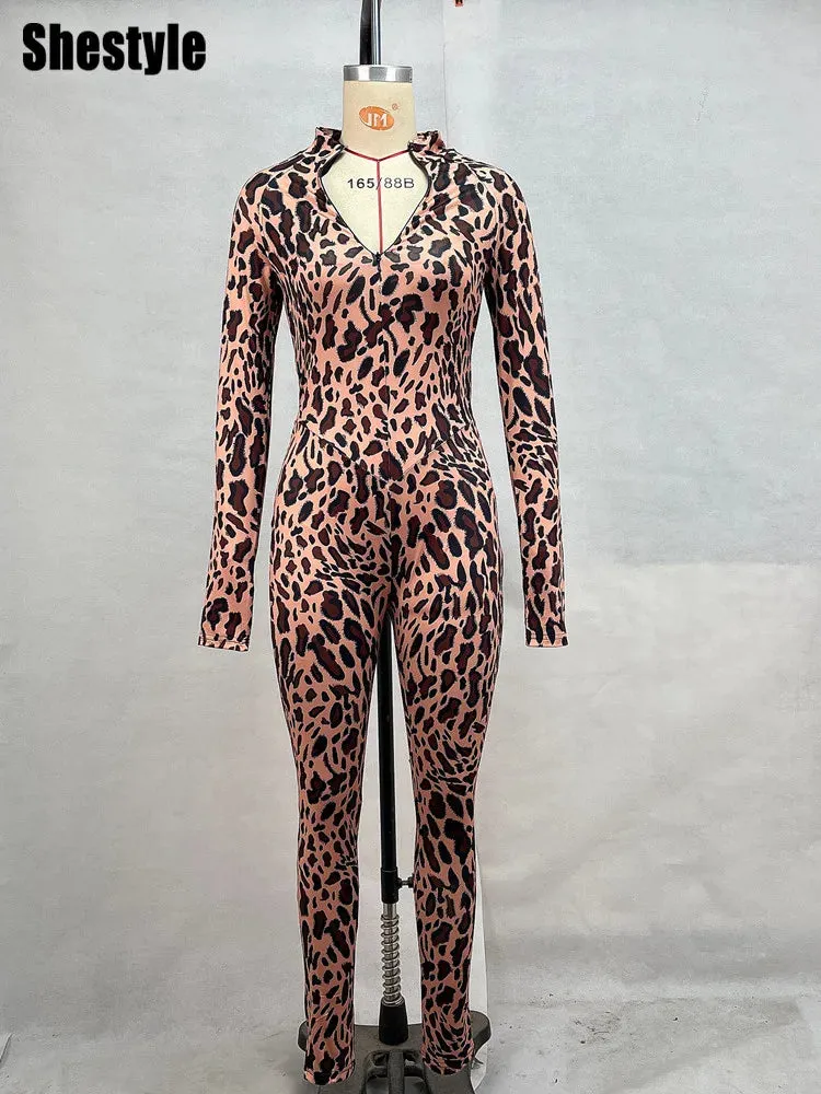 Shestyle Brown Leopard Zip Up Jumpsuits for Women Skinny Mock Neck Sexy Hand Hole Rompers Fitness Outwear Sporty Casual2024 New