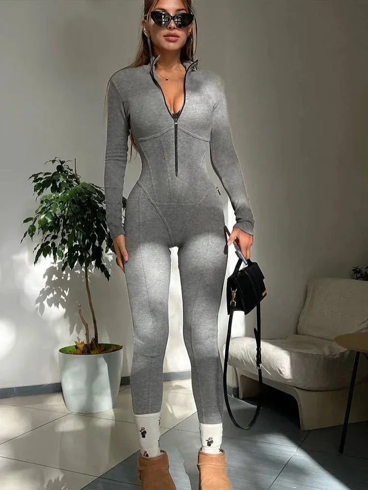 Wenkouban-Black Friday Christmas Party Outfits  Bodycon Round Neck Turtleneck Zipper Women Jumpsuit Long Sleeve High Waist Playsuit Winter Skinny Sporty Yoga Clothing